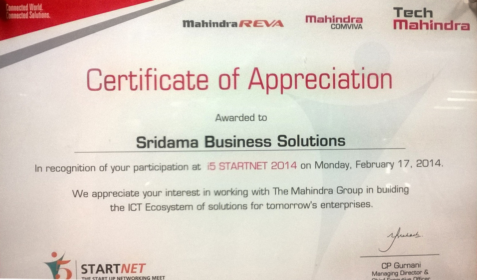 Sridama Certificate of Appreciation by Tech Mahindra